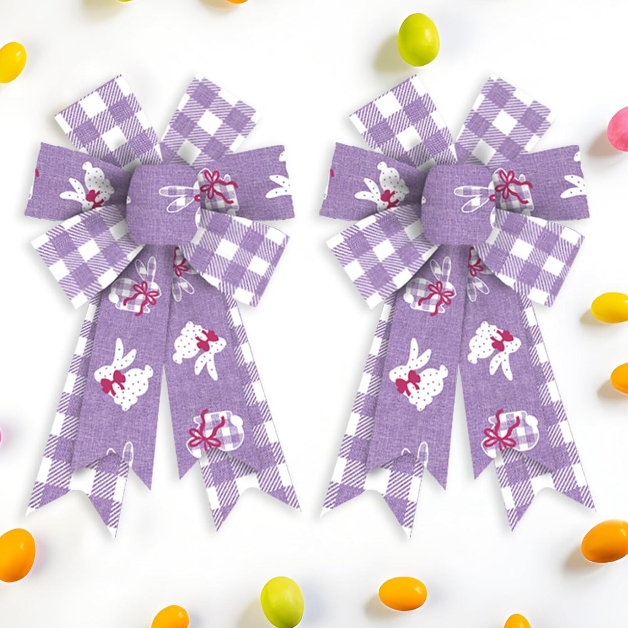 2 Pieces Easter Bows for Wreath, Easter Wreath Bows Purple White Buffalo Plaid Bows Egg Bunny Craft Bows Spring Bows for Front Door Easter Spring Birthday Party Decorations